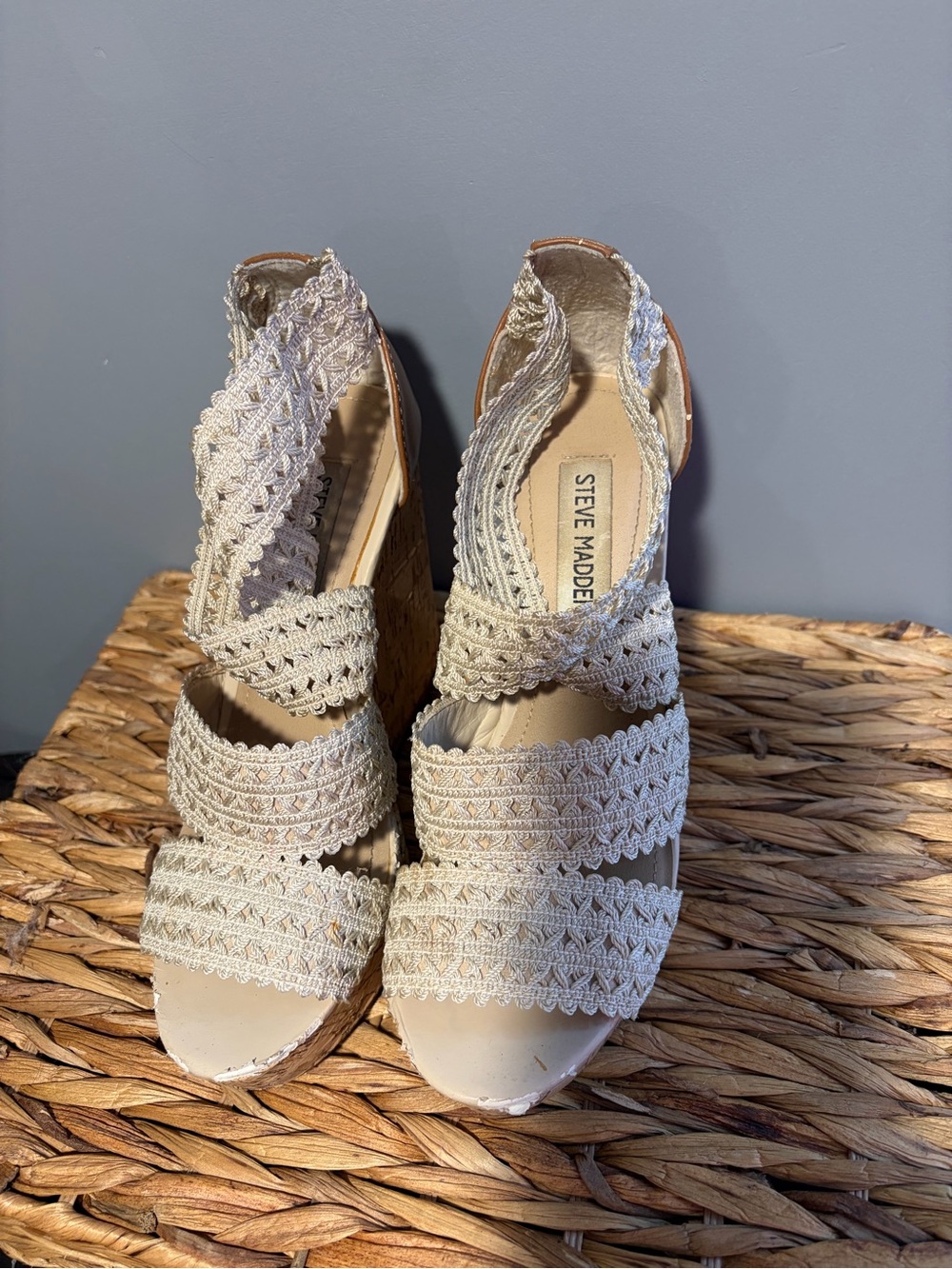 Steve Madden Cream Crochet Espadrille Wedge Sandals